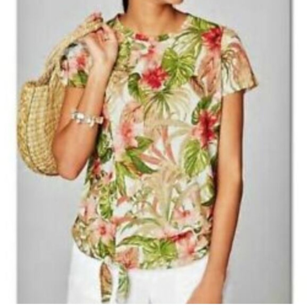 J.JILL LOVE LINEN TROPICAL FLORAL PRINT TIE FRONT BOXY TOP Shirt XS 100% Linen